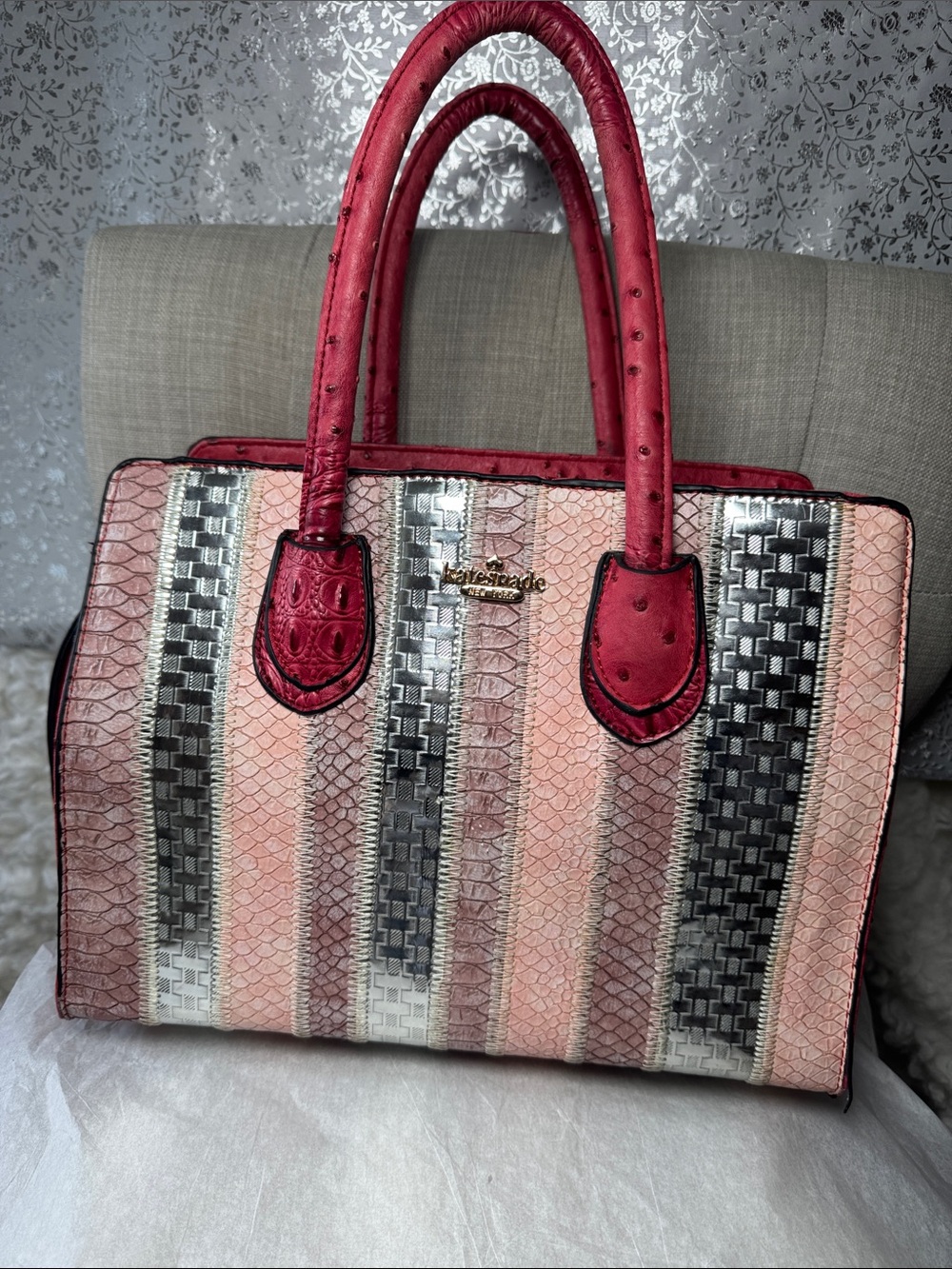 kate spade Pink, Red & Silver Striped Leather Tote